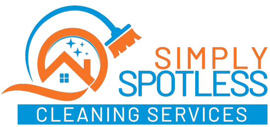 Simply Spotless Cleaning Services logo, featuring a modern design with a squeegee, sparkling house, and the company name in bold blue and orange font. Includes phone number (413) 224-8455 for easy contact.