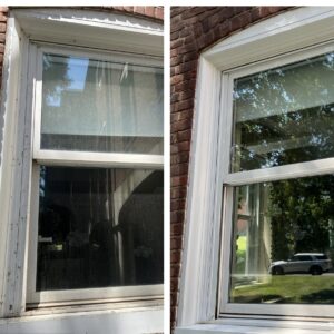 Side-by-side comparison of a residential window: left side shows the window before professional cleaning with visible dirt, spots, and grime obstructing the view; right side shows the same window after cleaning, crystal clear with enhanced visibility of the outdoor scenery, demonstrating the effectiveness of our expert window cleaning services.