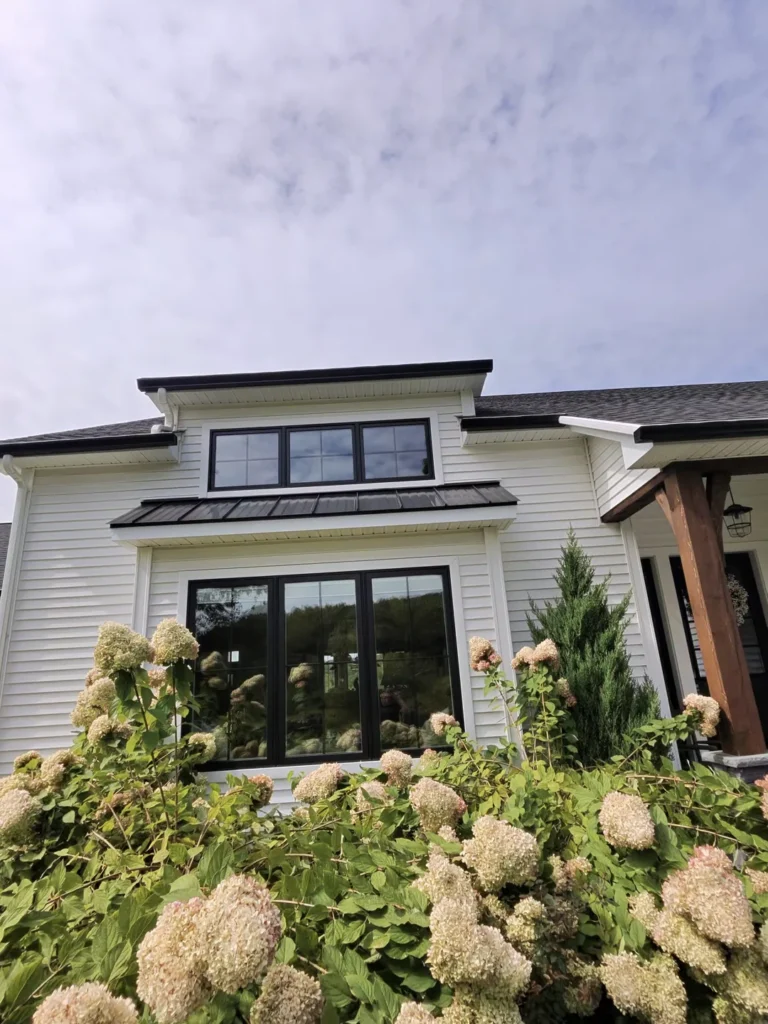 Black-framed windows on a white-sided home with hydrangeas